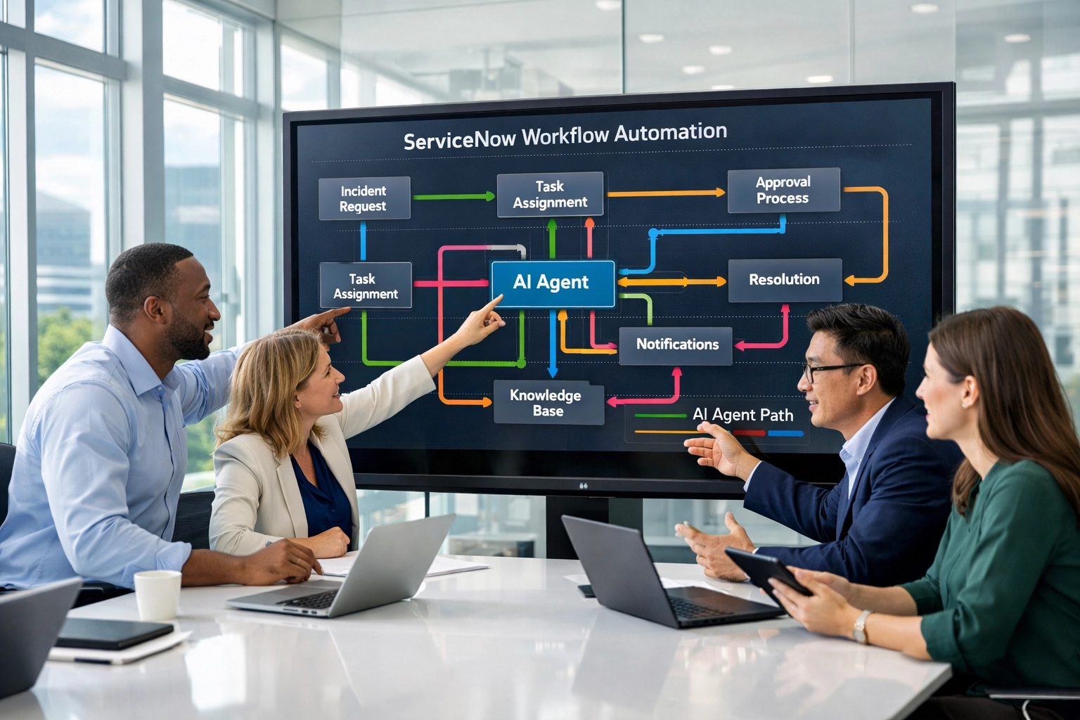 ServiceNow implementation partner team collaborating on workflow automation and AI agent pathways