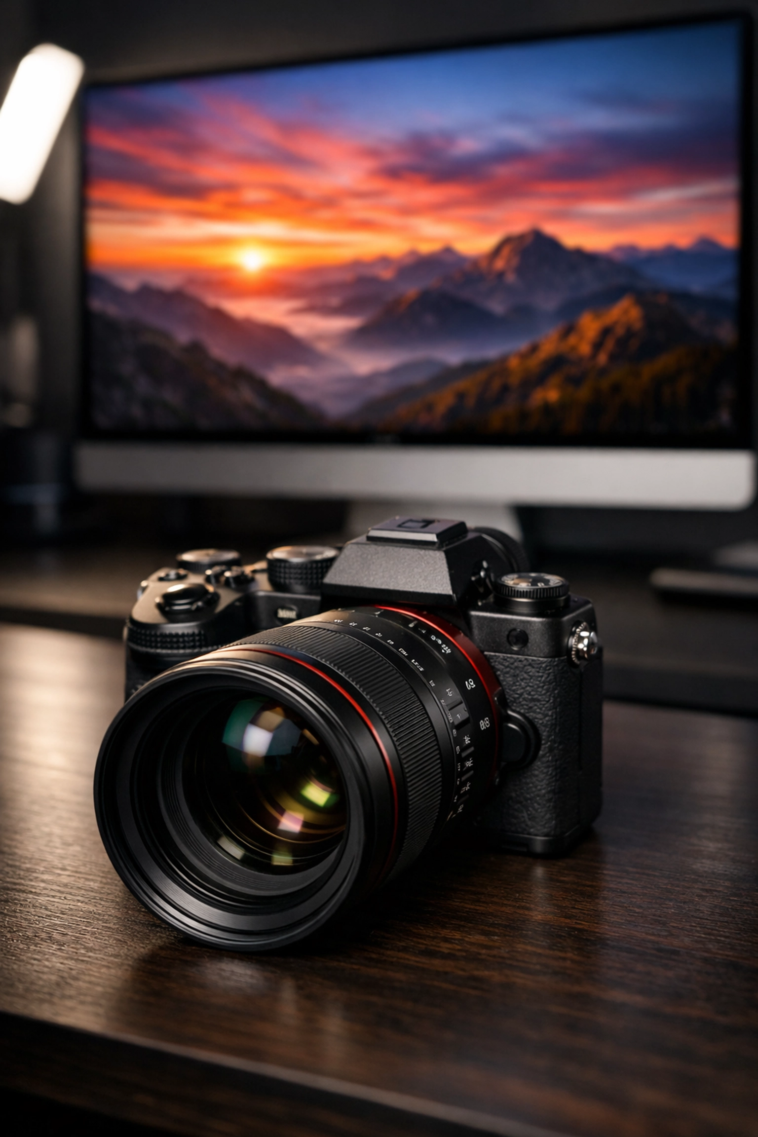 Professional mirrorless camera and high-res monitor displaying sharp landscape photography