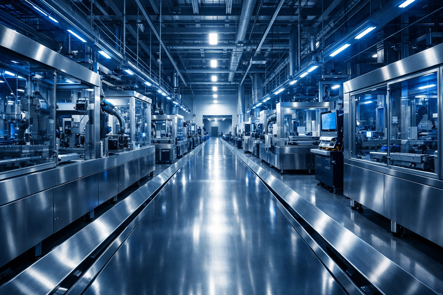 Clean manufacturing production line ready for operation after a maintenance cleaning shift.