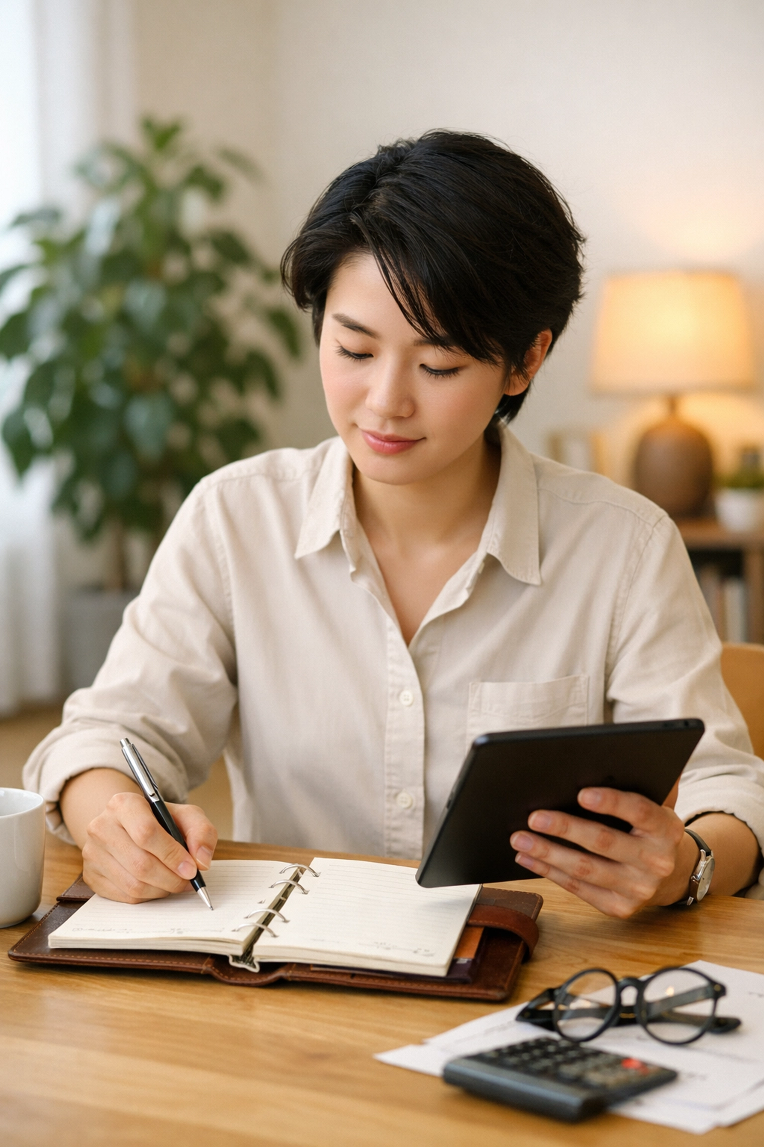 A person planning a short term loan repayment strategy using a digital tablet and planner.