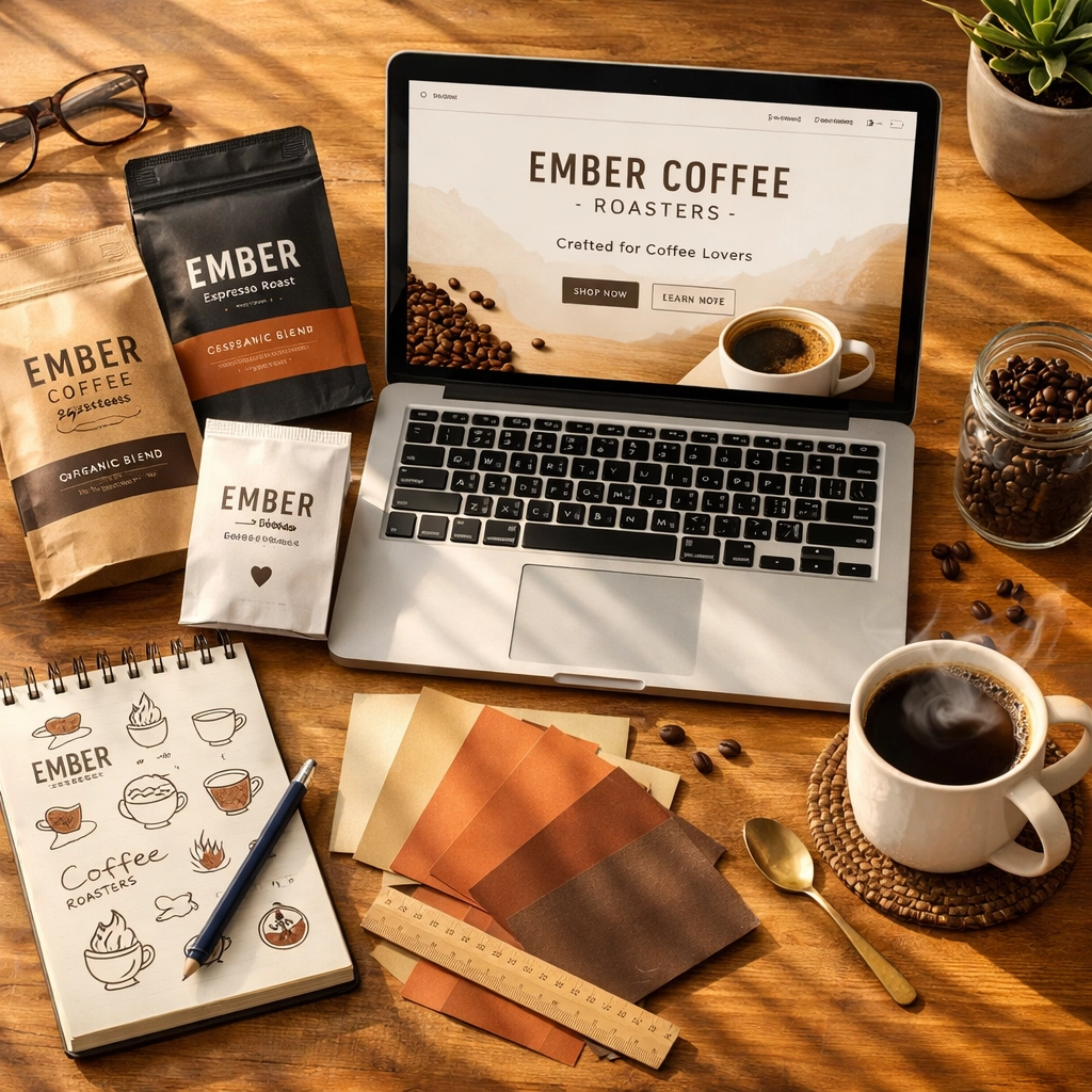 Entrepreneur's workspace with laptop showing coffee brand website mockup and custom packaging samples