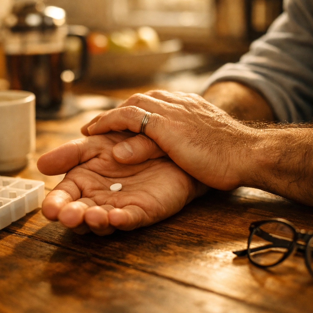 Two gay men holding hands over medication, symbolizing the trust and health benefits of U=U.