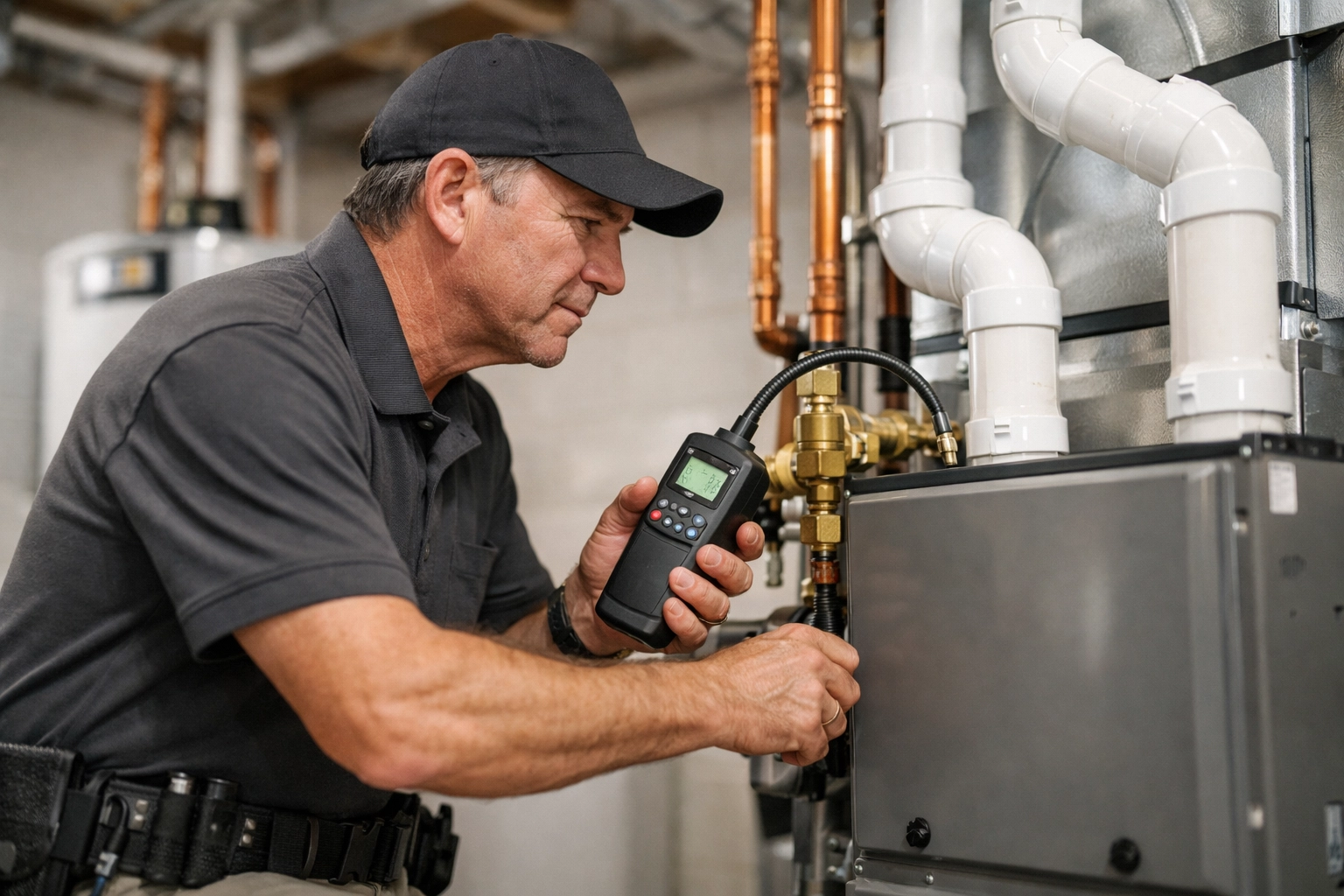 A professional home inspector performing a detailed check of a high-efficiency furnace and water heater system.