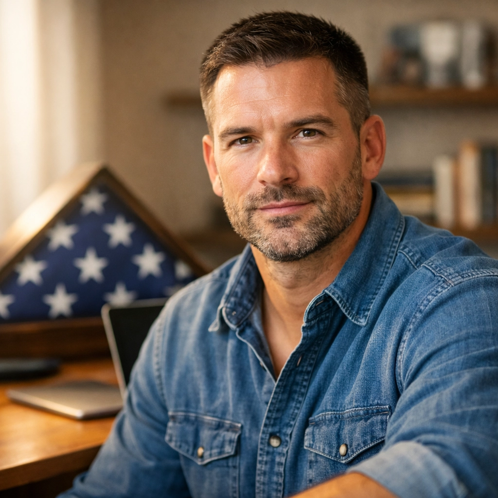 A military veteran in his home office showcasing the success of modern veterans initiatives and professional growth.
