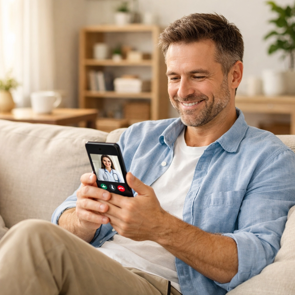 A man using a smartphone for a seamless telemedicine consultation for medical weight loss.