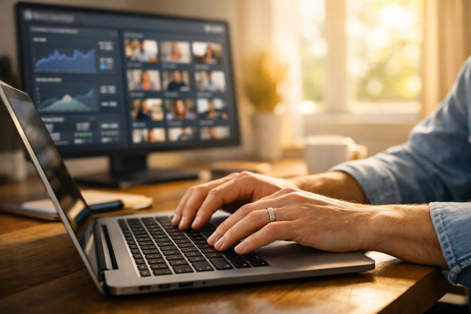 Small business owner creating video content on laptop with analytics dashboard