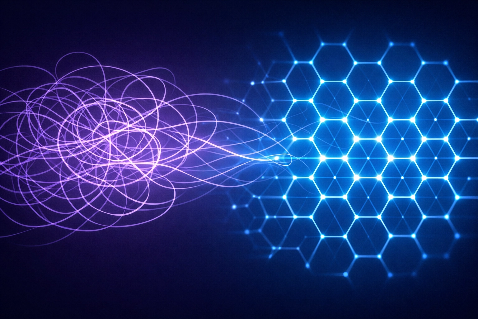 Digital art depicting chaotic thoughts transformed into a clear structured grid by AI productivity tools.