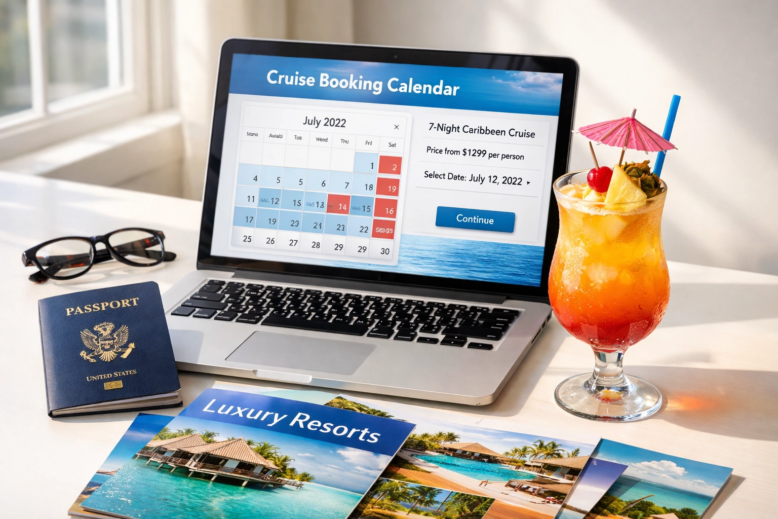 Travel agent workspace with cruise booking calendar and vacation planning materials