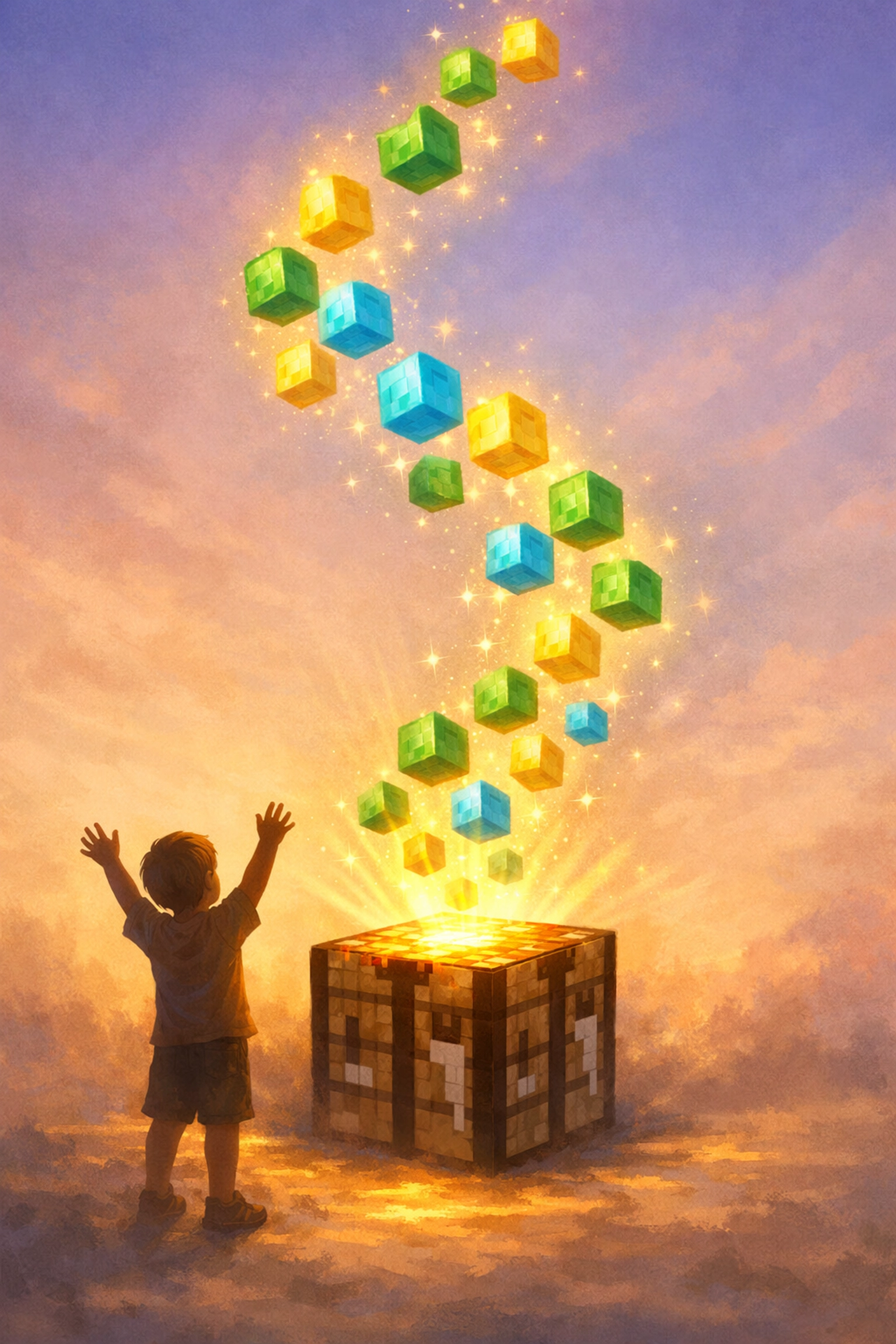 Child at Minecraft crafting table with floating blocks illustrating divine creativity