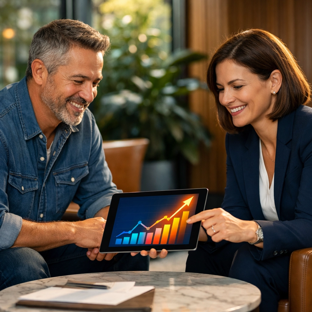 Financial advisor and business owner reviewing COLI growth strategies and executive benefit modeling on a tablet.