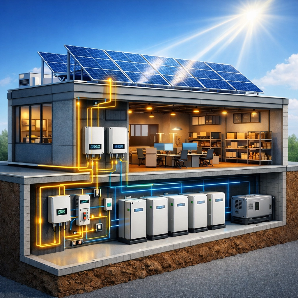 Diagram showing how commercial solar panel systems work inside a UK business building