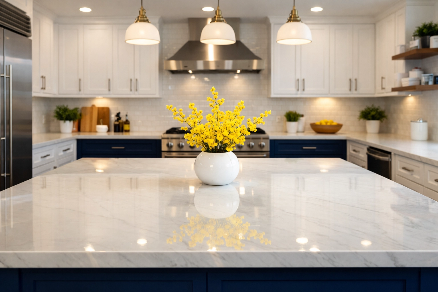 Immaculate white marble kitchen counters serviced by professional cleaners Sudbury MA for a healthy home.