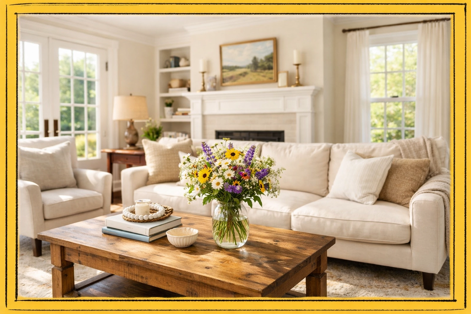 Professionally staged living room in a Connecticut home prepared for a traditional real estate listing.