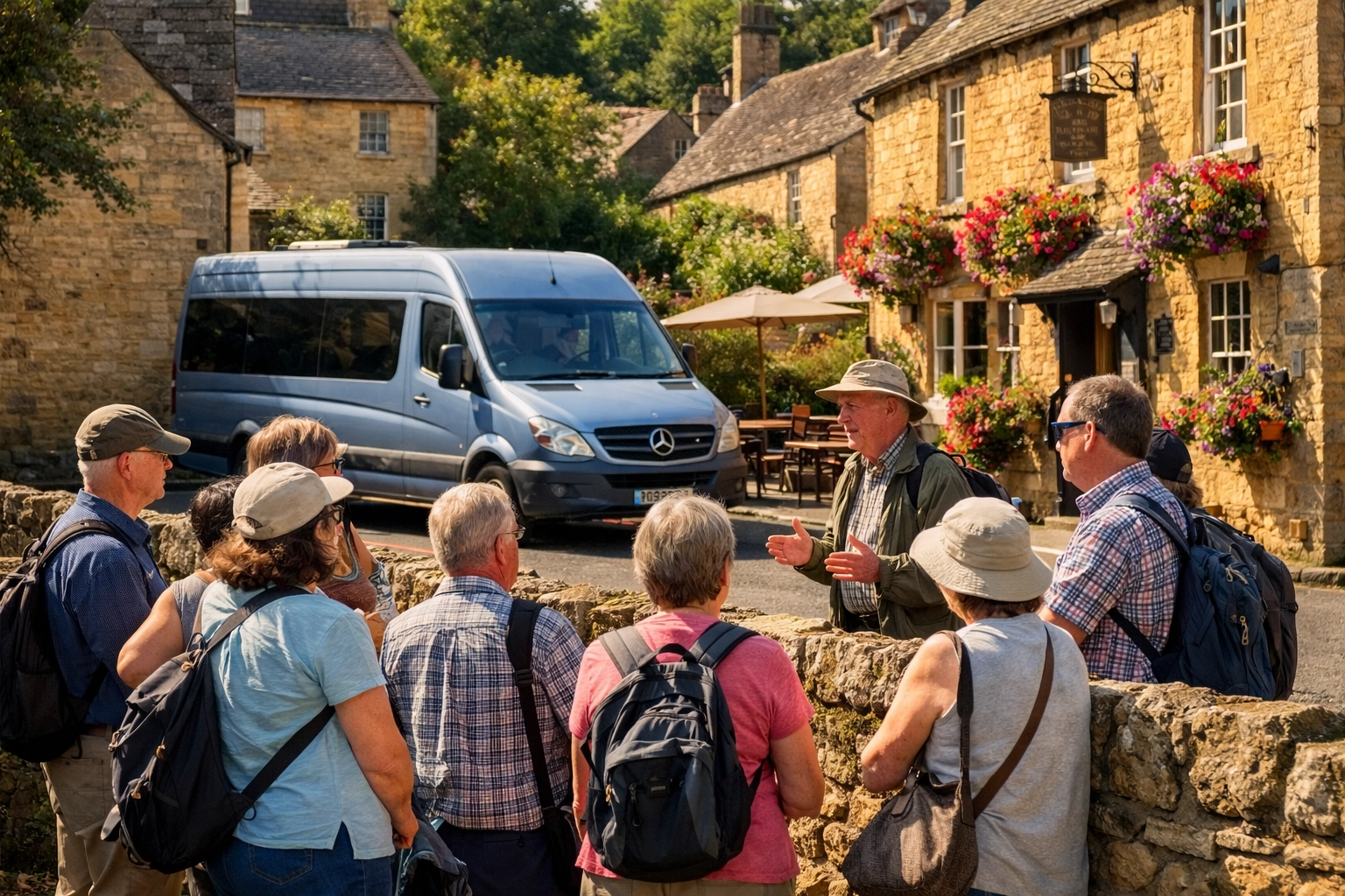 Small group tour exploring Blockley village square with a Shakespeare Coaches guide and minibus.