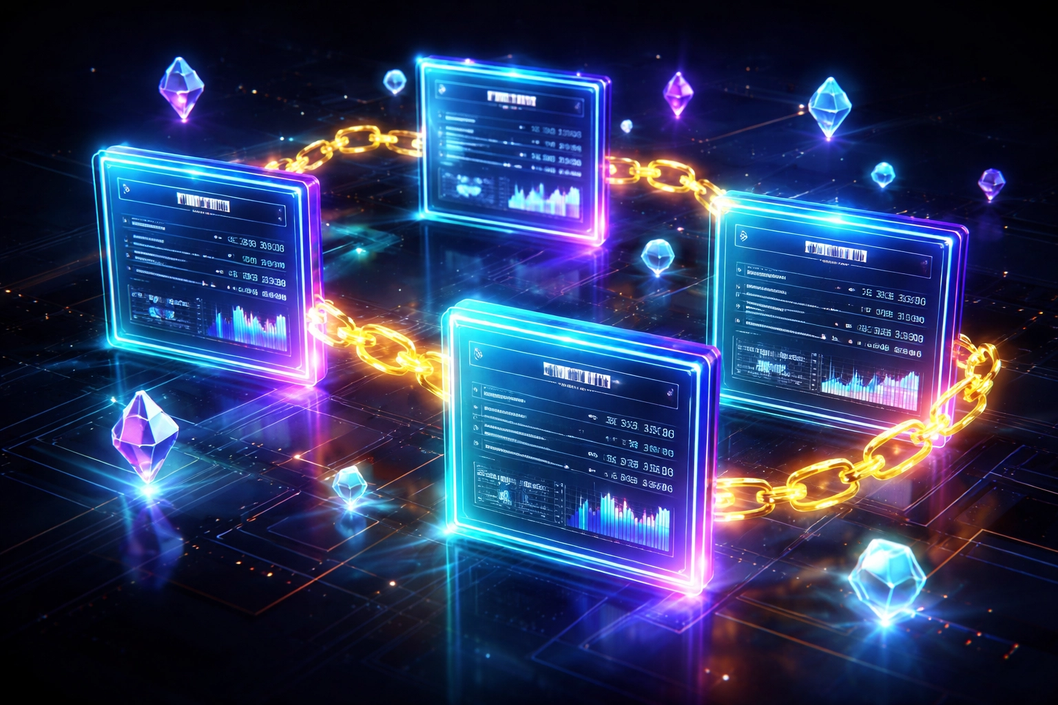 Futuristic accounting dashboard with holographic NFT receipts illustrating blockchain-based, transparent financial record-keeping for Web3 merchants.