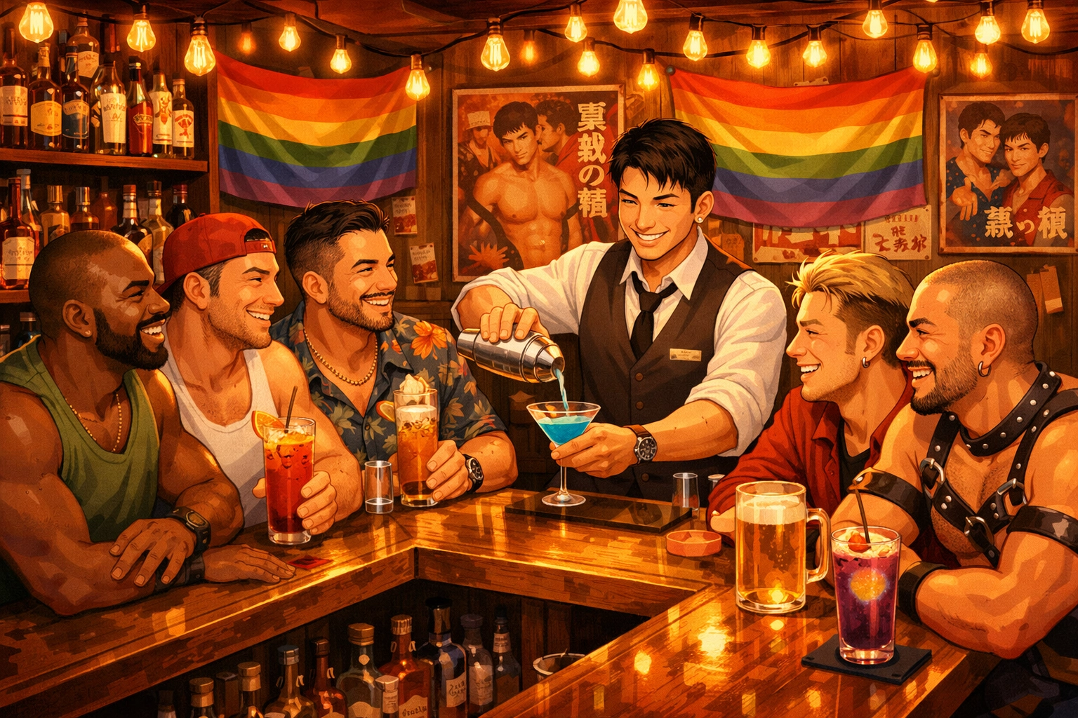 Intimate gay bar interior in Shinjuku with diverse LGBTQ+ crowd celebrating Valentine's Day