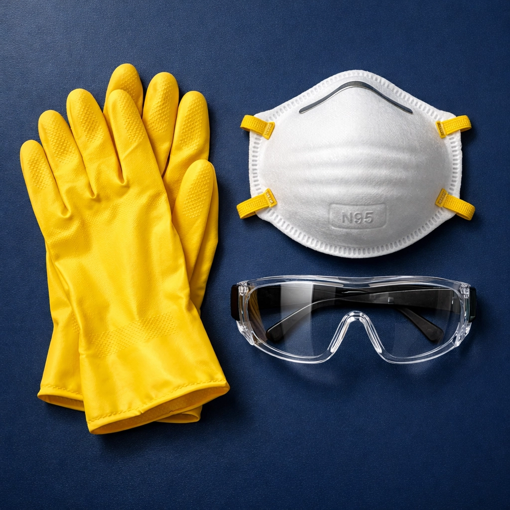 Post-construction cleaning safety gear including an N95 respirator, goggles, and gloves.