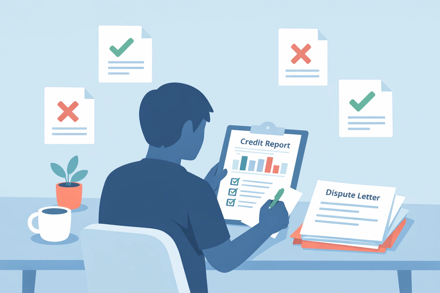 Persona revisando reporte de crédito y documentos para limpieza