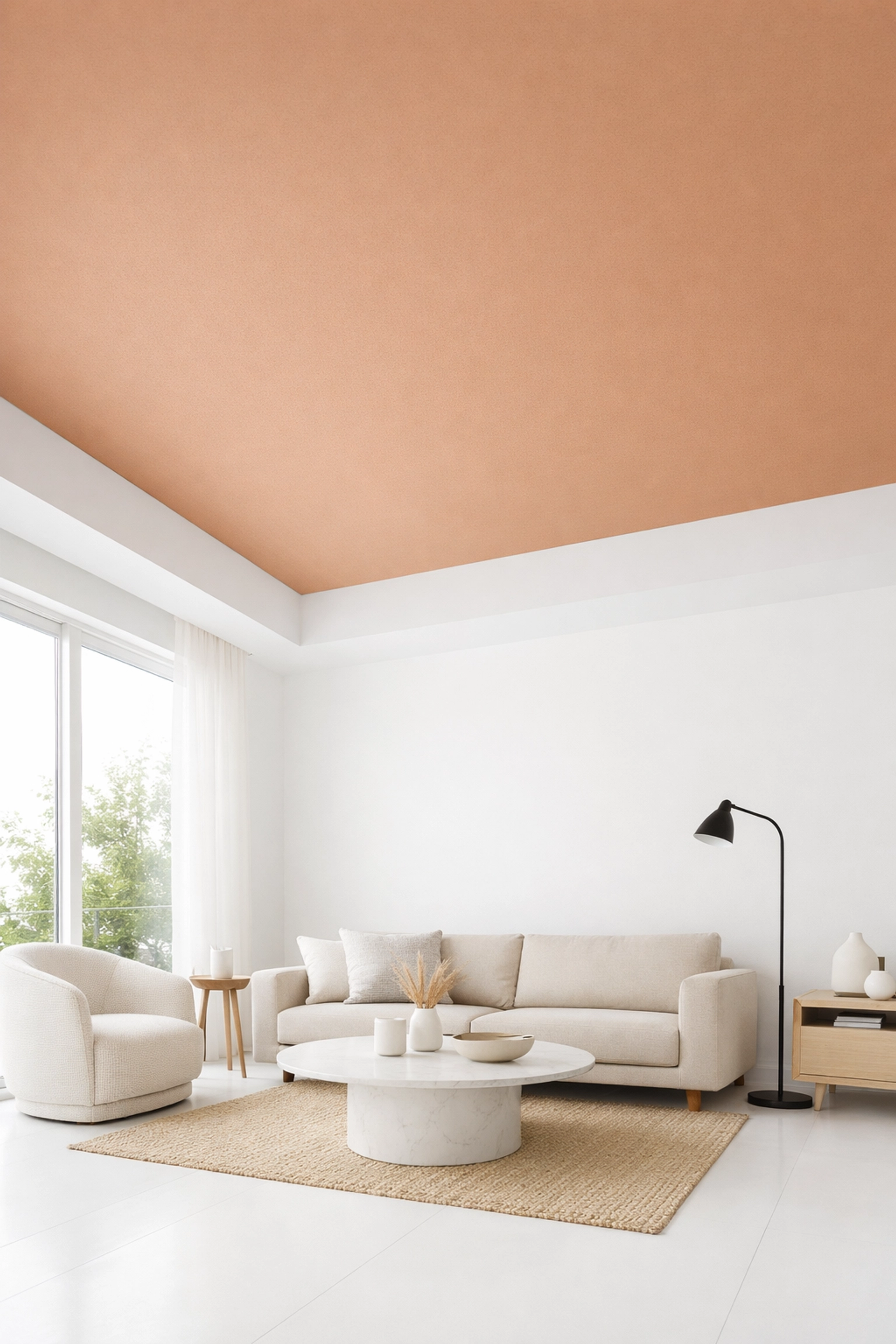 Contemporary living room in Cheltenham featuring a muted clay Fifth Wall painted ceiling.