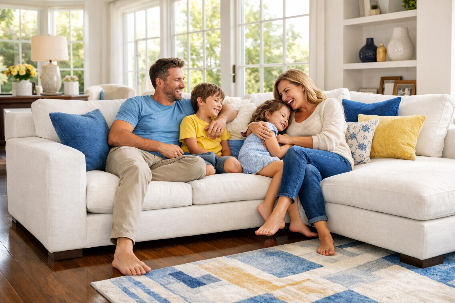 Happy family enjoying a spotless living room after professional house cleaning Worcester MA.