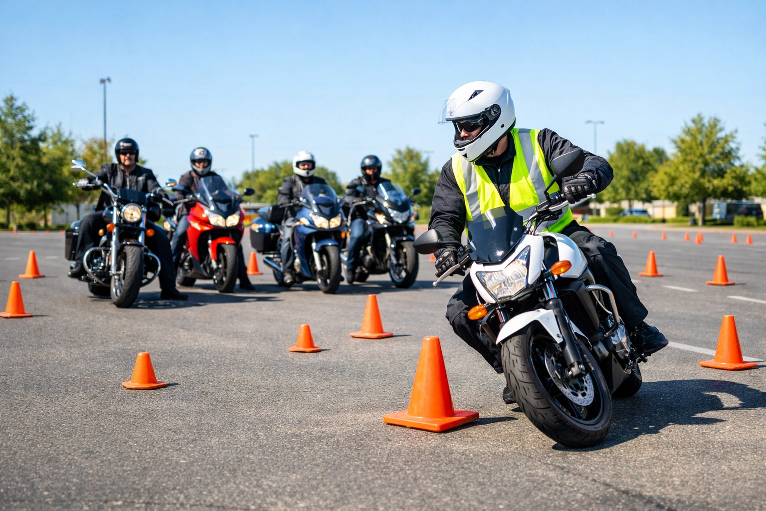 Professional instructor demonstrating motorcycle safety maneuvers to a group of riders during a training course.