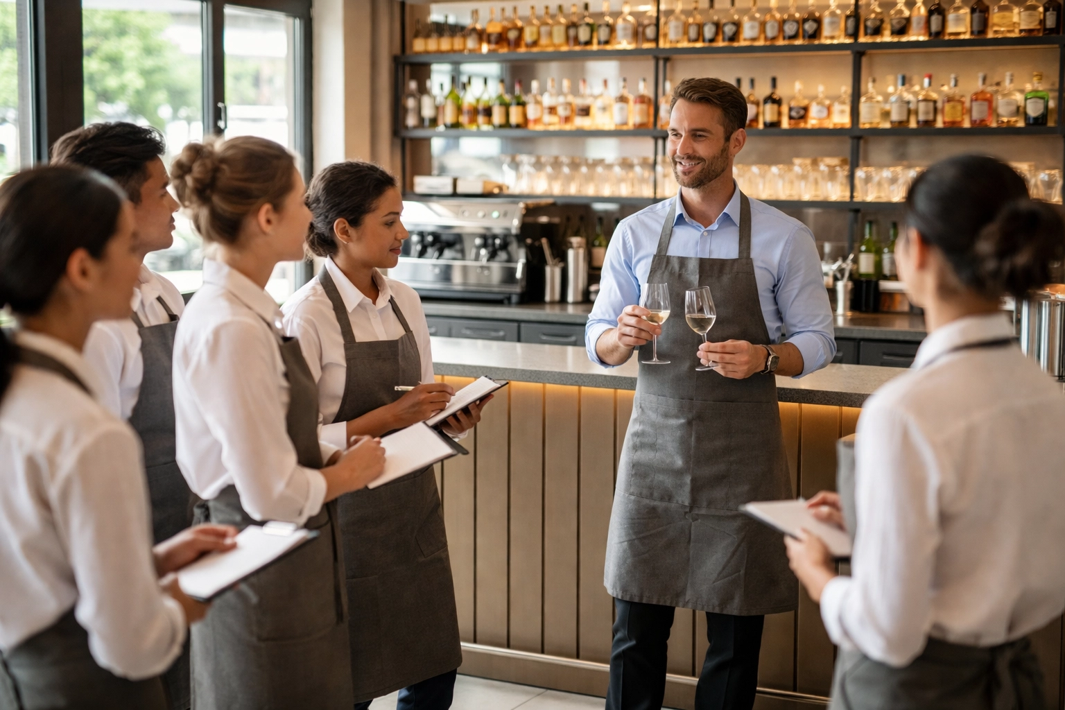 Restaurant staff attending training session, emphasizing risk management for liquor liability compliance.