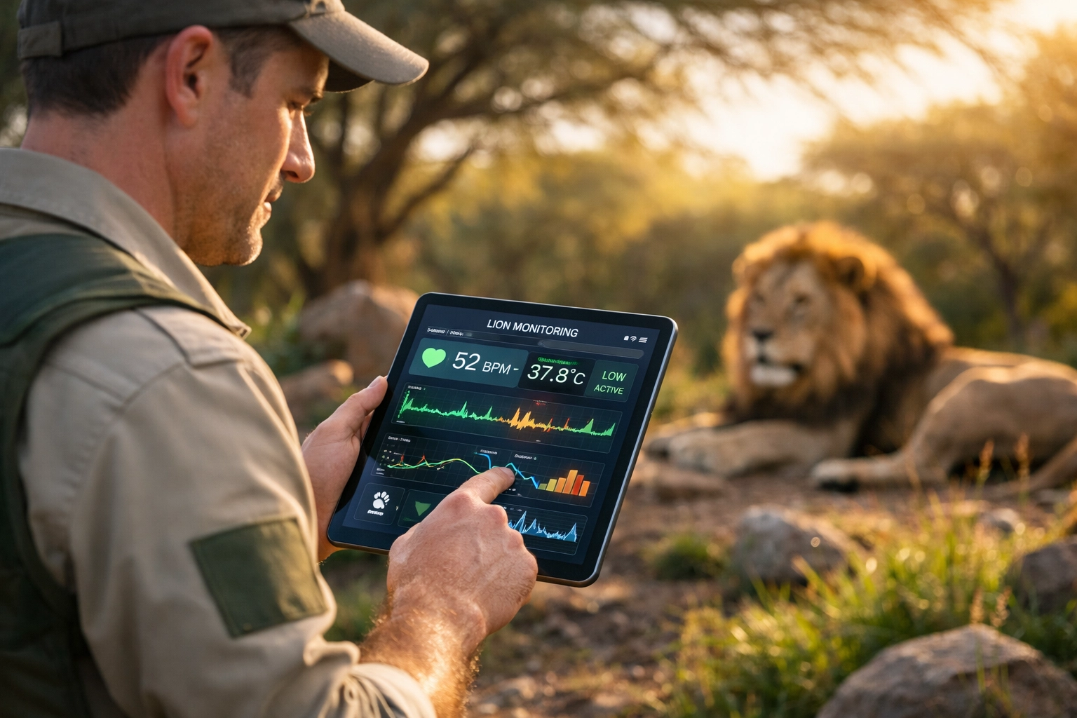 A zookeeper uses a digital tablet for real-time wildlife management and IoT data tracking at a smart venue.