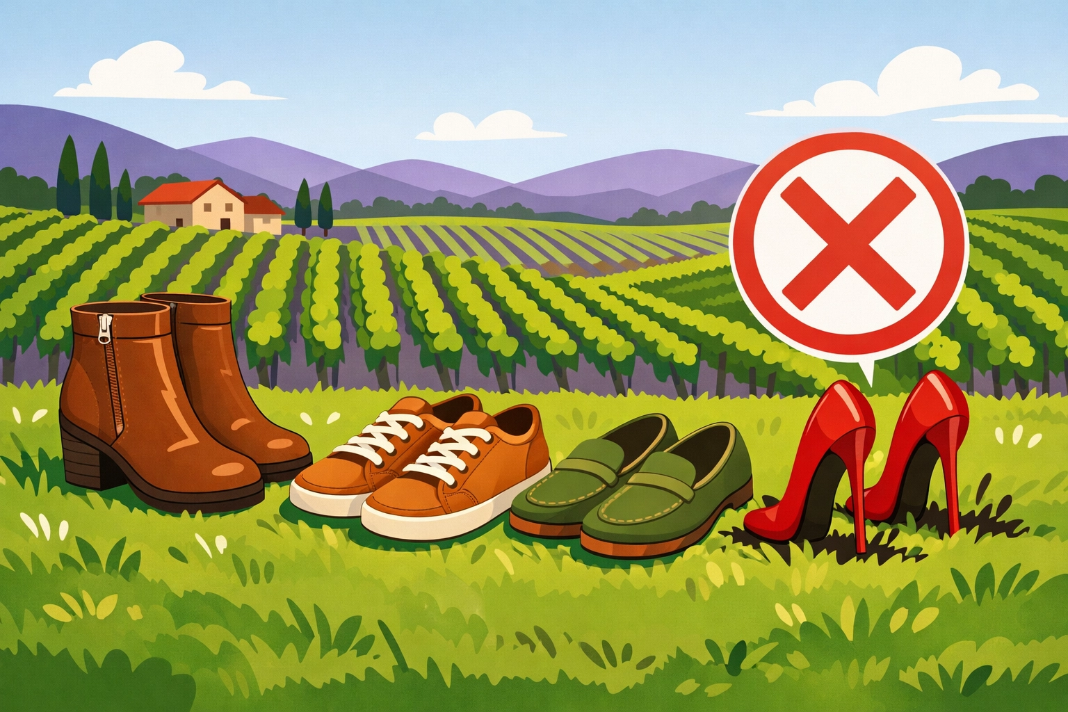 Comfortable shoes versus heels for Virginia winery tours showing proper vineyard footwear