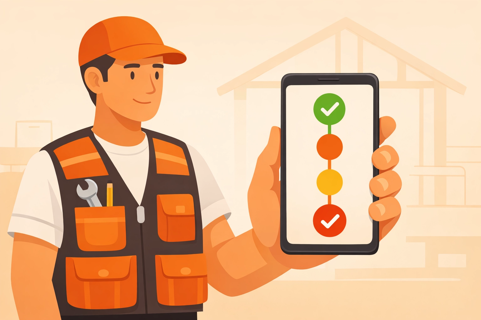 Contractor using a contractor job app to view a professional job photo timeline on a smartphone.