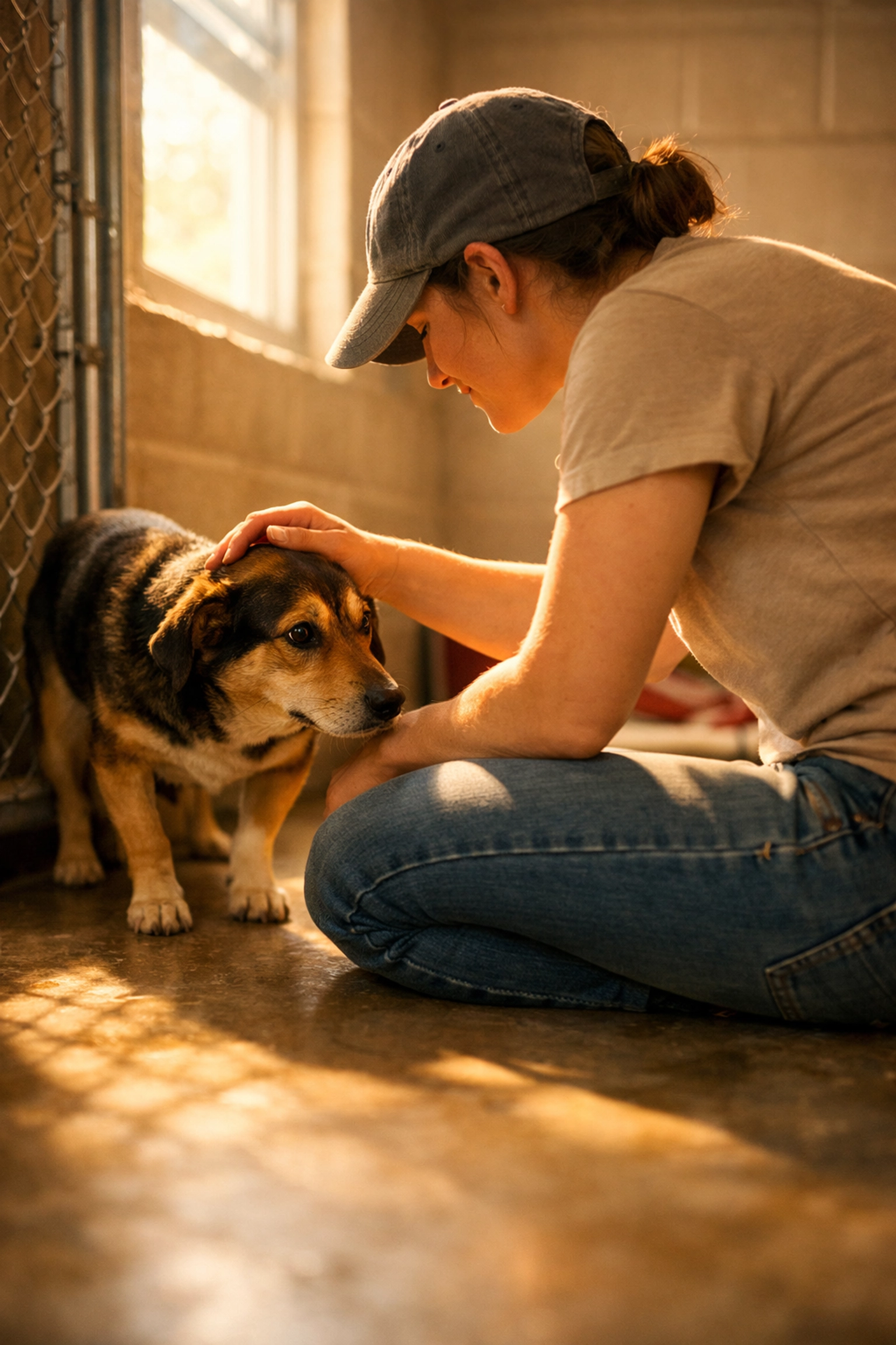 Animal shelter volunteer kneeling to pet shy rescue dog in kennel