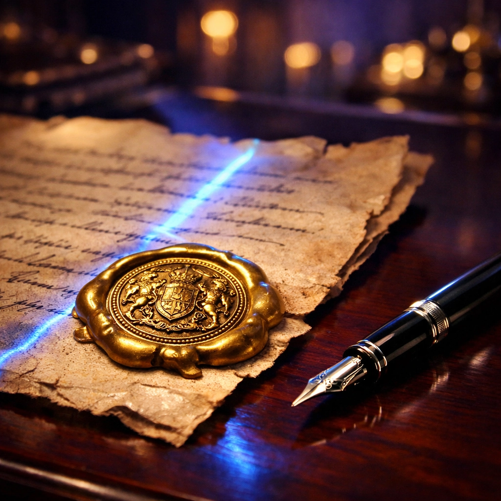 Baptismal record with a wax seal on a desk representing legal standing in an Article 3 court of record.