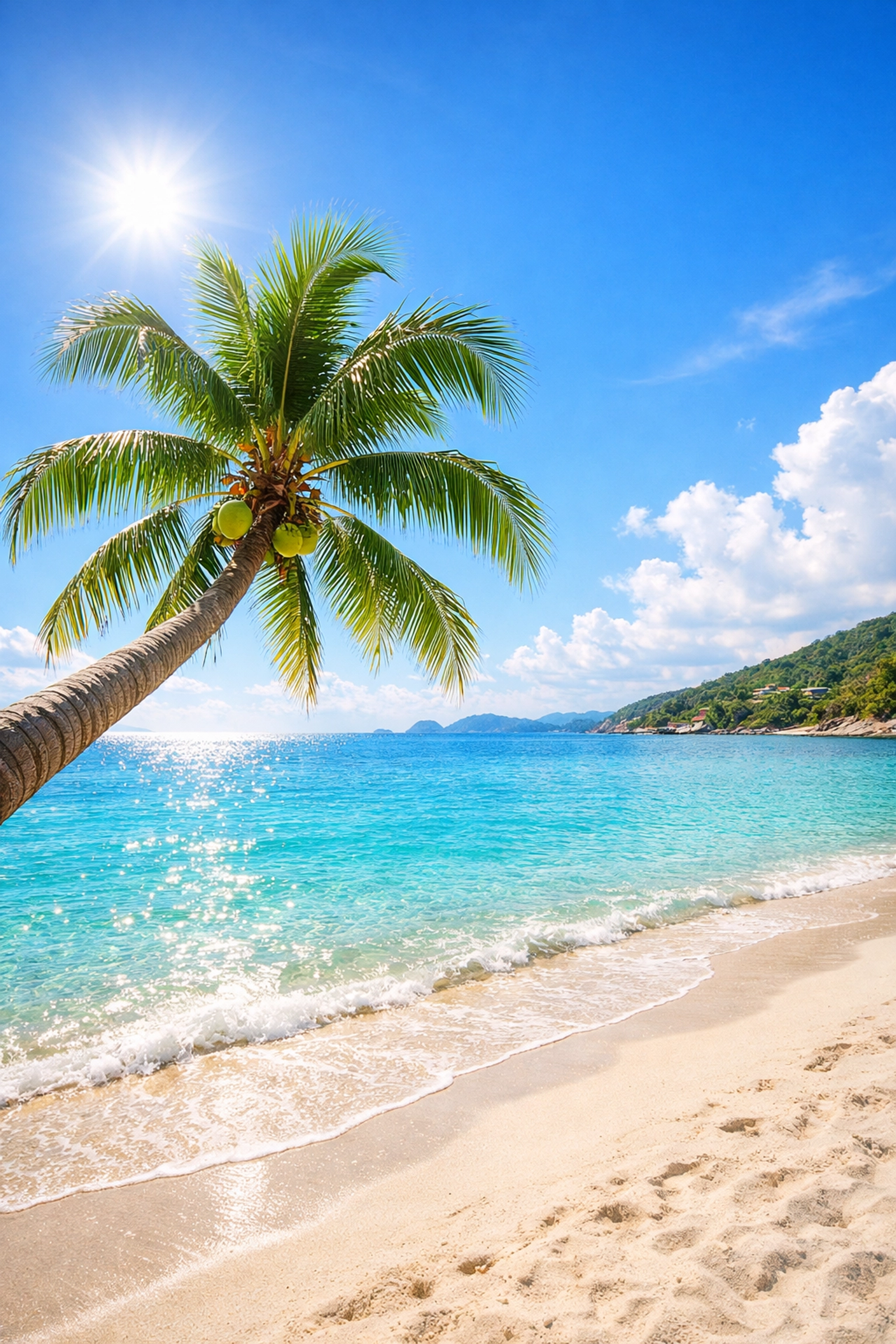 Pristine white sand beach and leaning palm tree in Koh Samui, ideal for a relaxing tailor made travel trip.