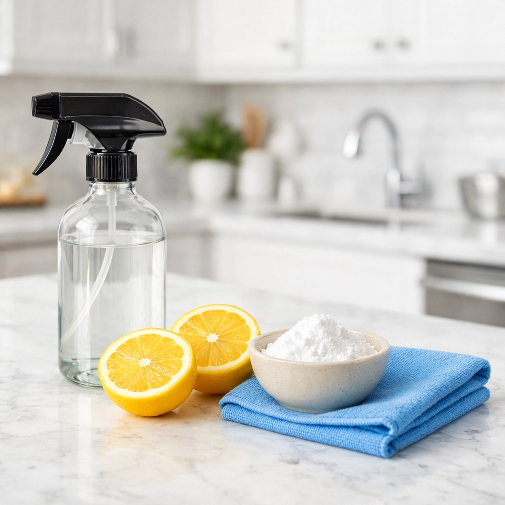 Natural eco-friendly house cleaning supplies like lemon and baking soda on a clean Lowell kitchen counter.