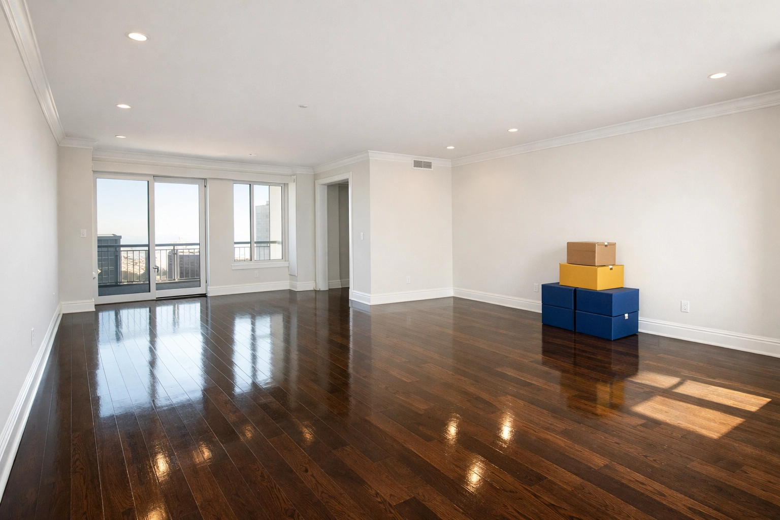 Empty apartment with polished hardwood floors ready for inspection after house cleaning Worcester MA.
