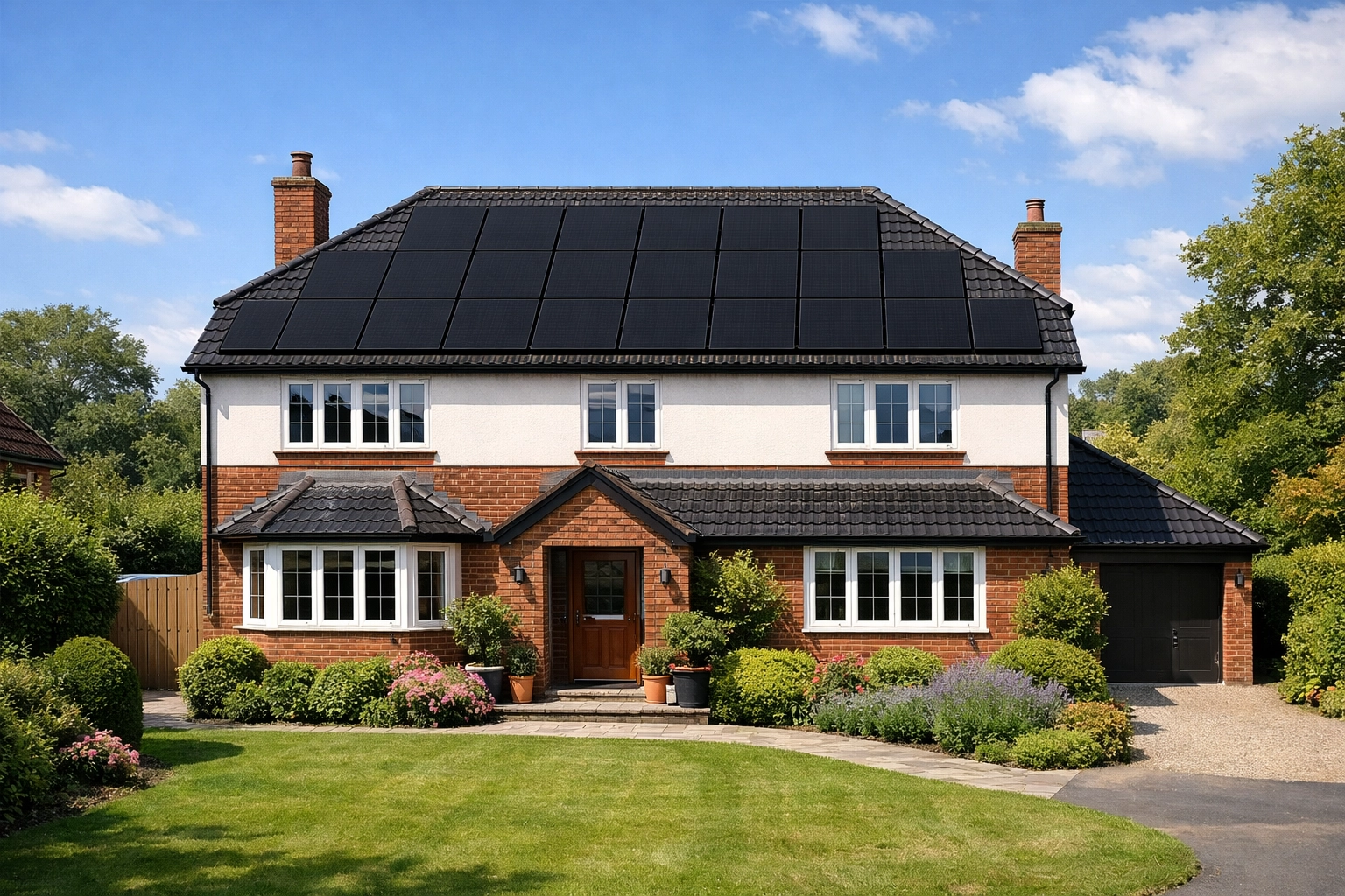 Premium black-on-black solar panels professionally installed on a detached UK home roof.