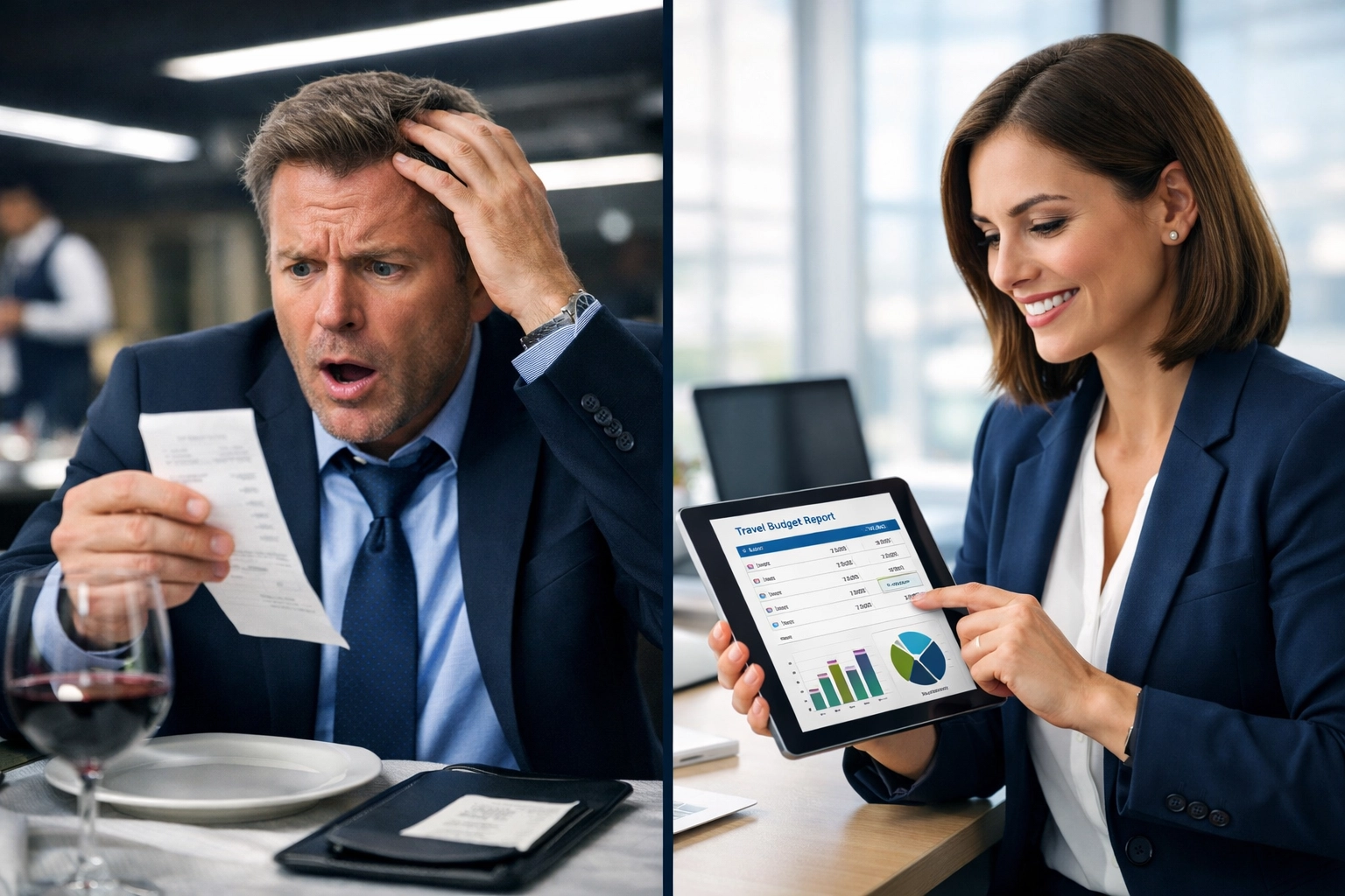 Corporate travel manager reviewing transparent Super Bowl budget spreadsheet on tablet