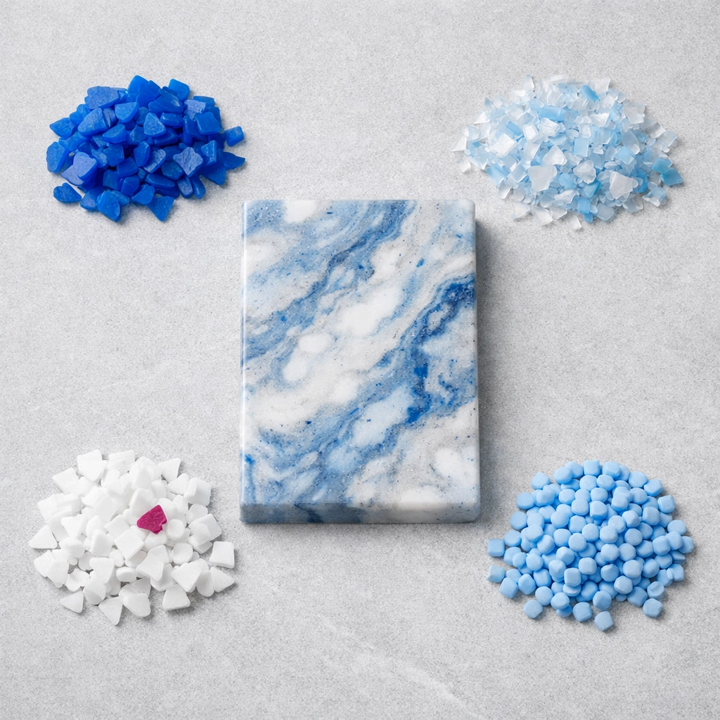 Polished recycled plastic benchtop sample with HDPE fragments highlighting circular economy manufacturing.