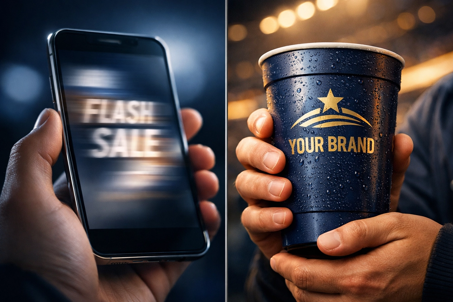 Comparison of digital ads versus branded stadium cups illustrating high-touch platform marketing ROI