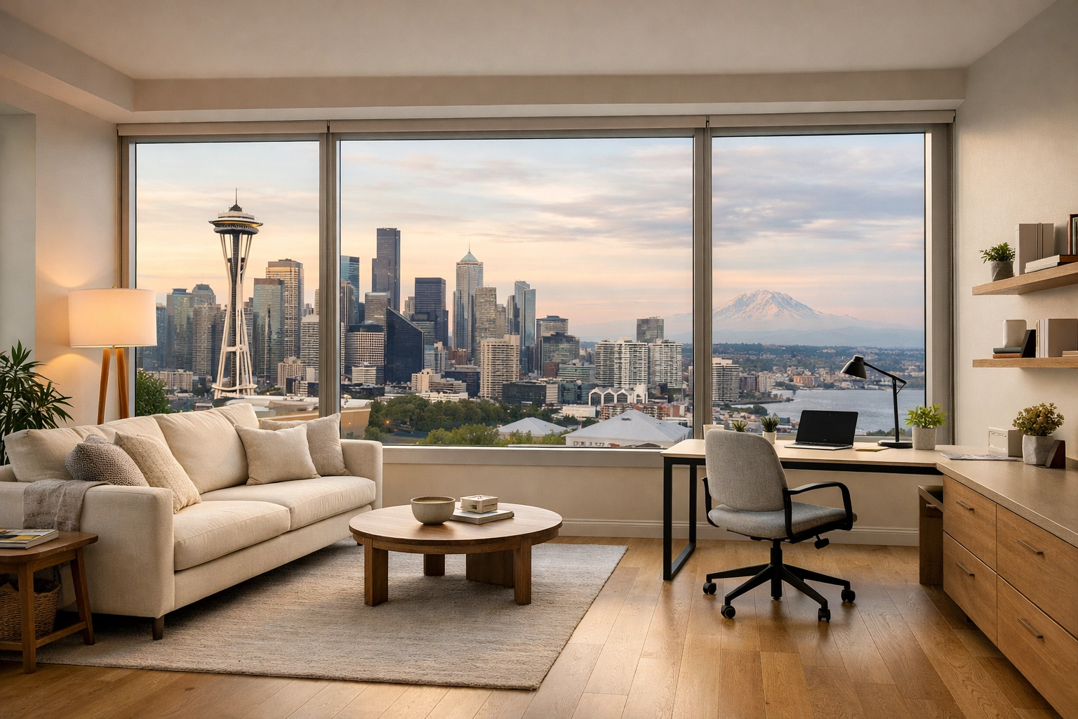 Modern Seattle corporate housing with a dedicated workspace and skyline views for mid-term event staff stays.