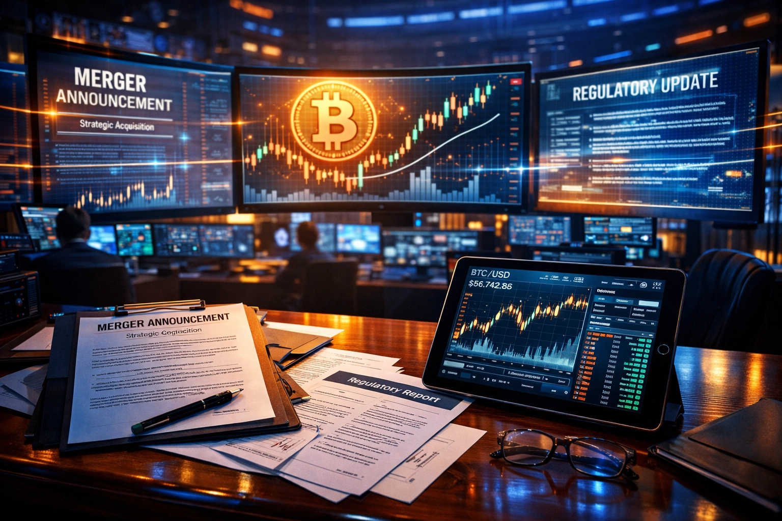 Crypto trading floor displaying Bitcoin charts and regulatory M&A opportunities