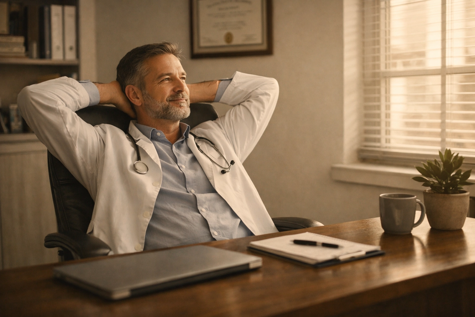 Confident healthcare practice owner with strategic clarity and organized workspace