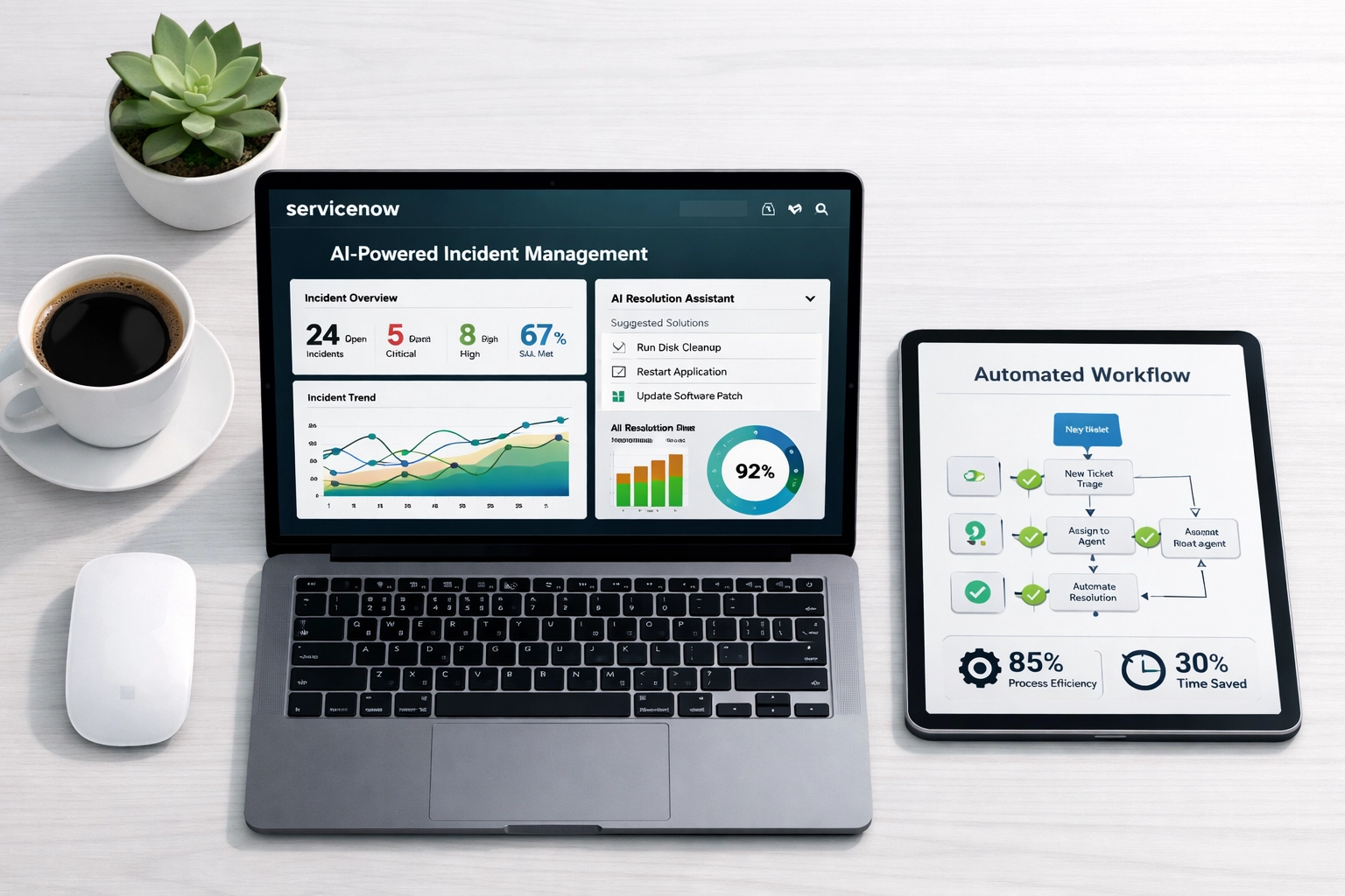 ServiceNow AI-powered incident management workflow displaying automation efficiency and ROI metrics