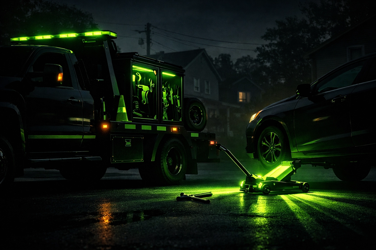 Professional roadside tire change service in a Raymore, Missouri residential area.