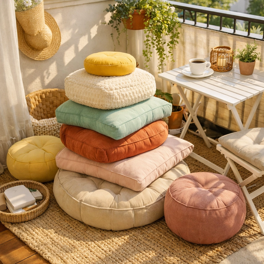 Cozy floor cushions and poufs on small balcony with outdoor rug creating renter-friendly seating area