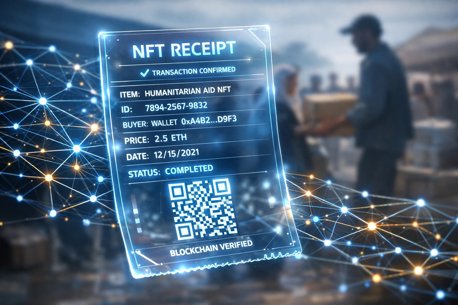 Transparent NFT receipt on blockchain network verifying humanitarian aid distribution