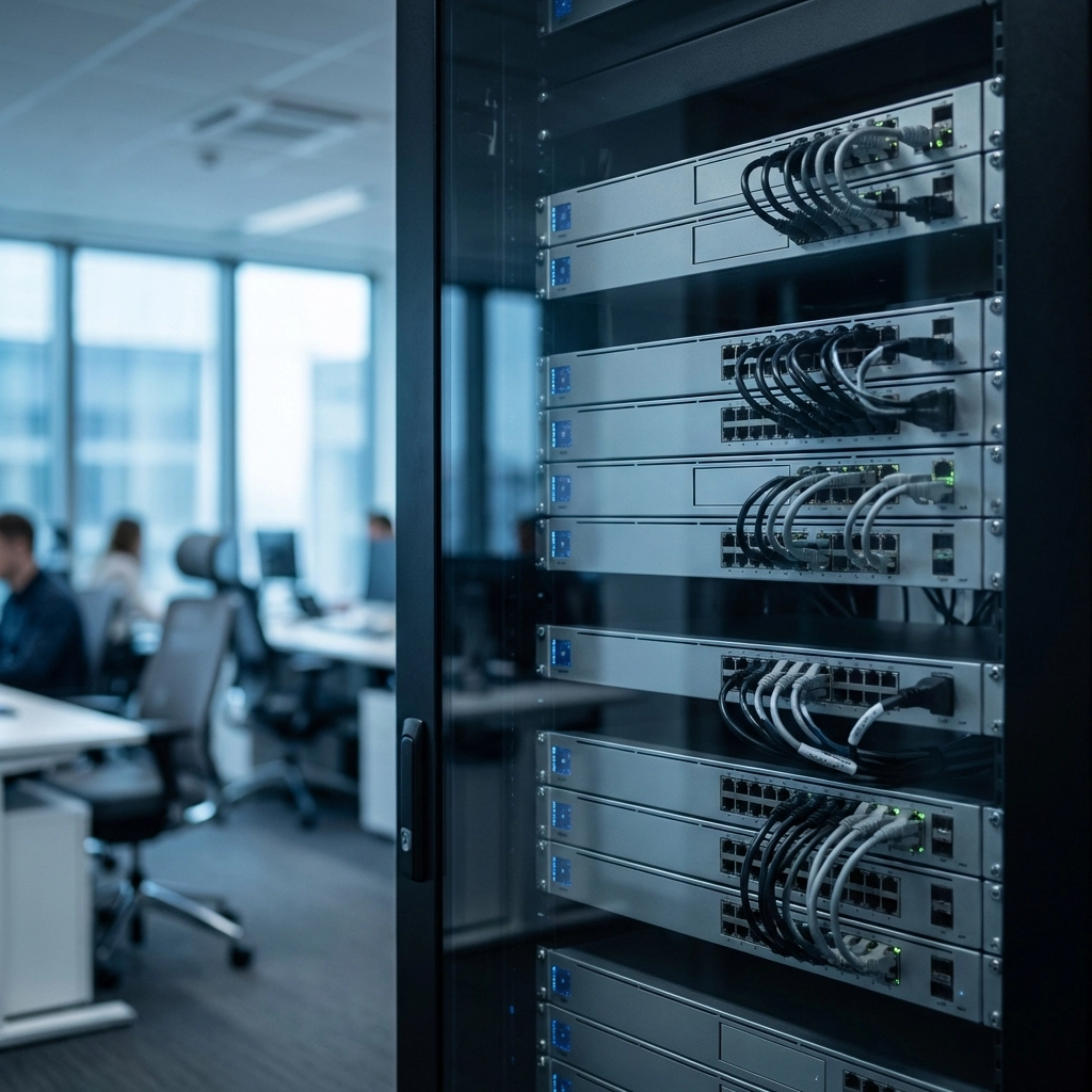 Organized commercial server room with network switches and routers showcasing reliable business IT infrastructure
