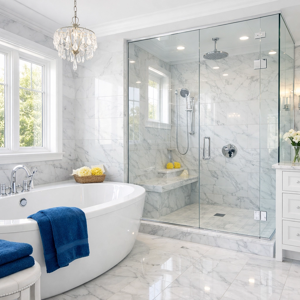 A sparkling marble master bathroom following a professional cleaners MA session for a spring deep clean.