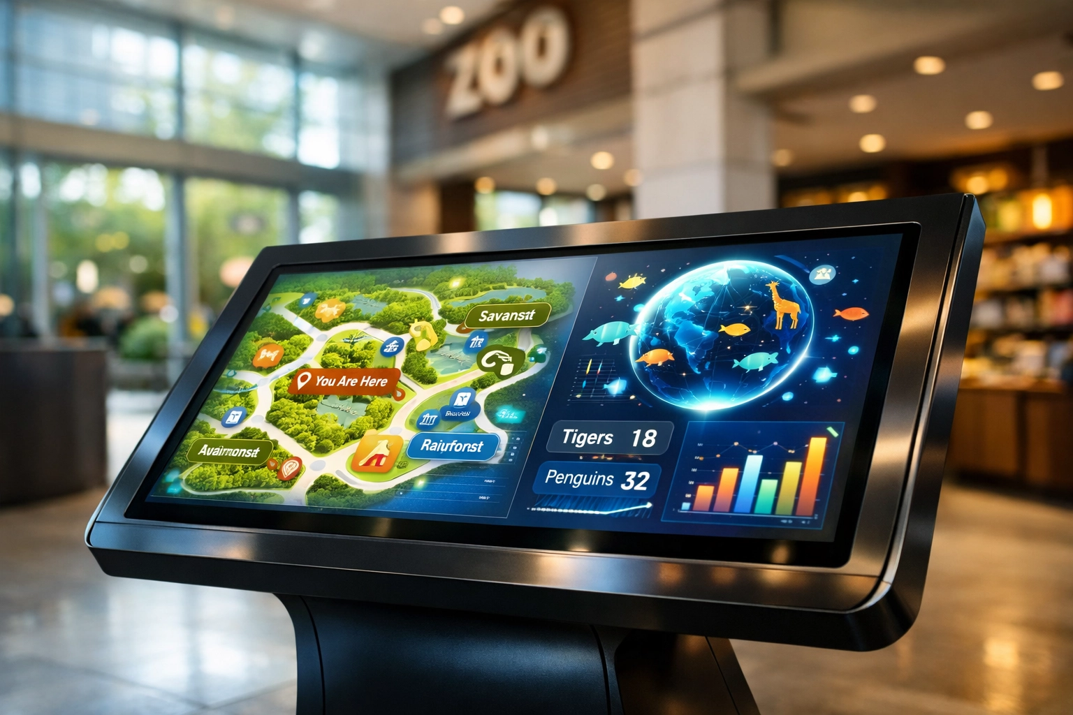 Interactive digital kiosk in a zoo center showcasing brand integration and modern visitor experience technology.