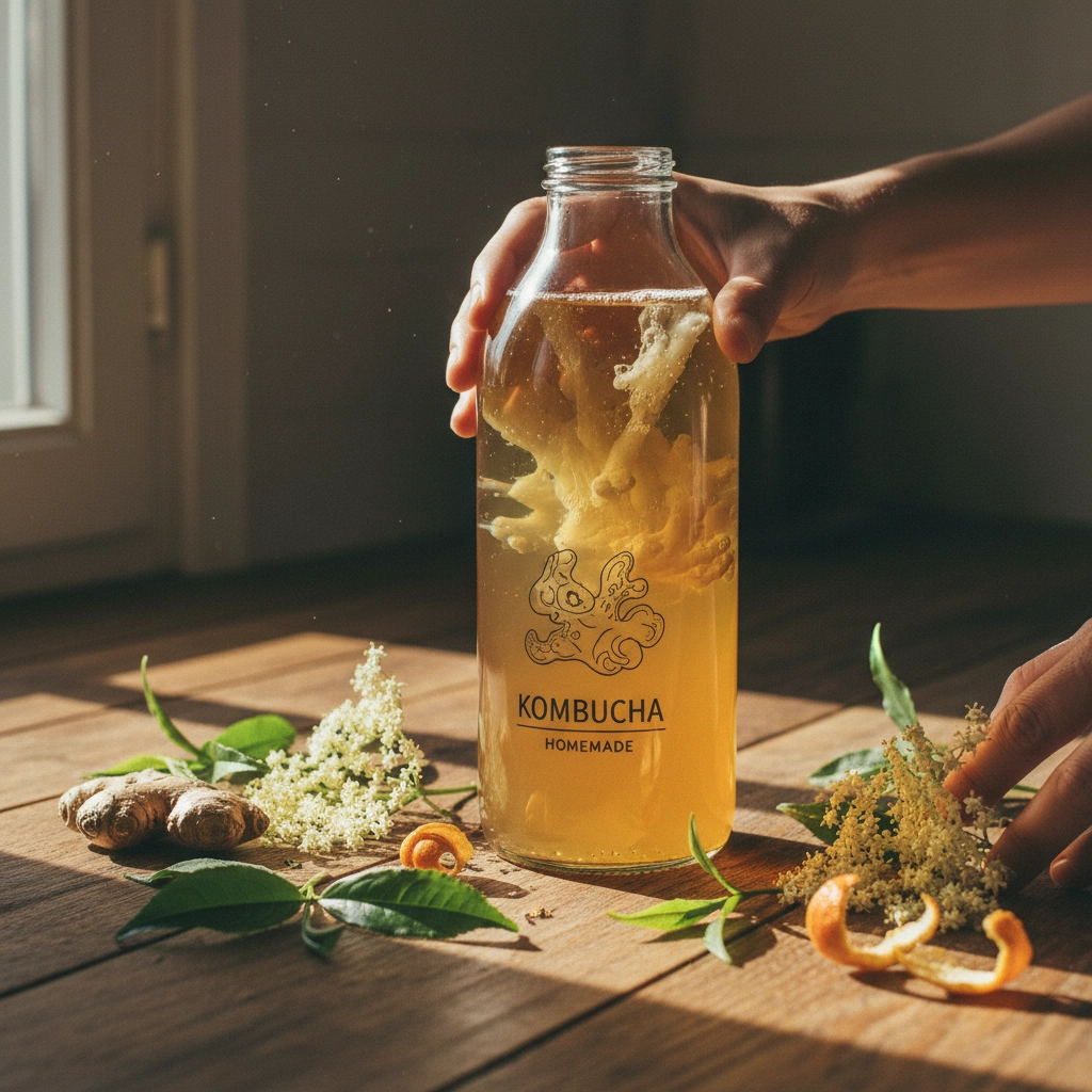 A hand holding a bottle of homemade kombucha