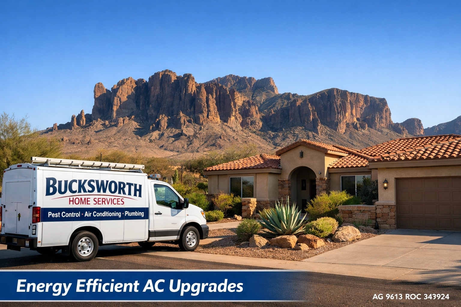 Bucksworth Home Services truck at an Apache Junction residence for energy efficient AC upgrades.